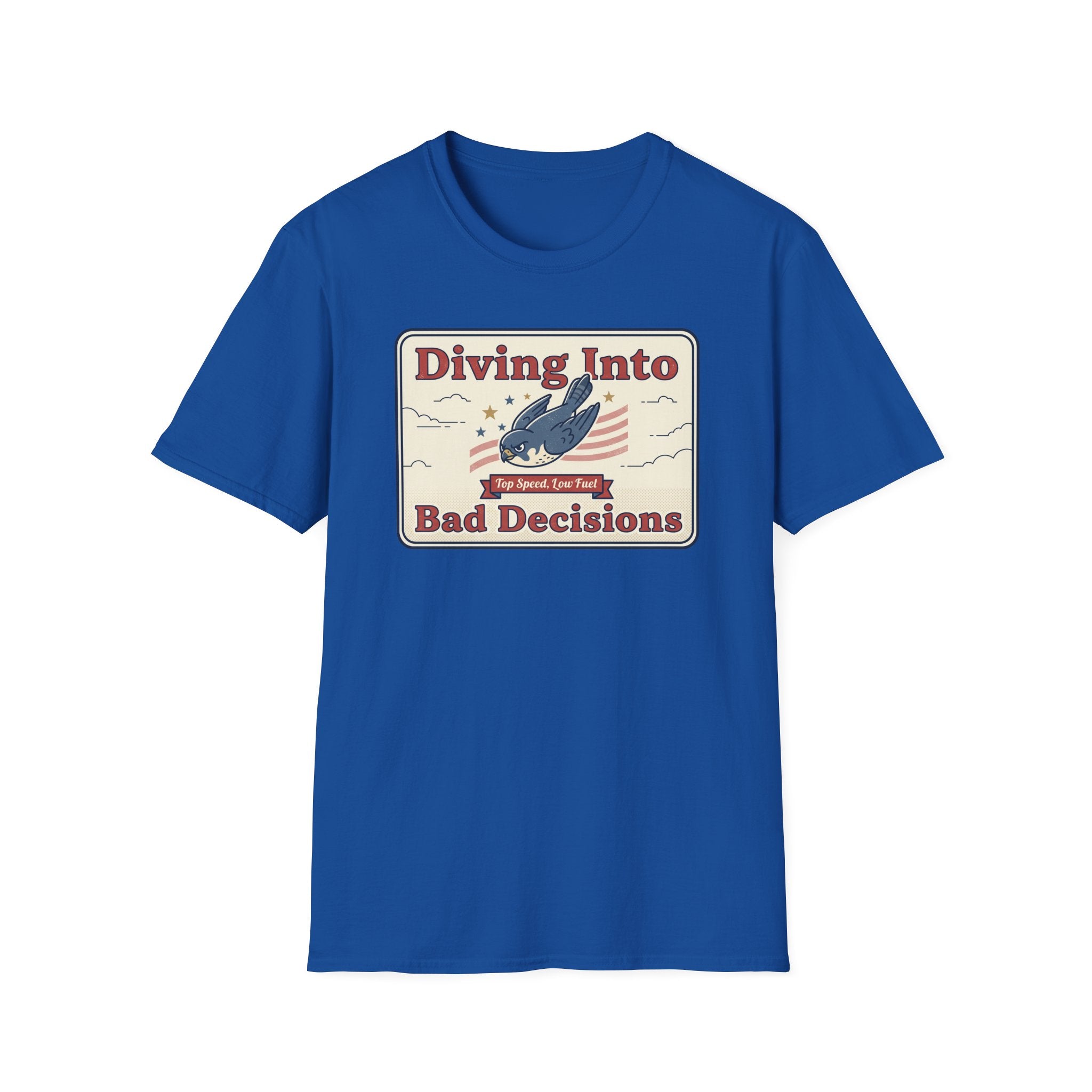 Royal blue T-shirt with “Diving Into Bad Decisions” retro shark graphic on front