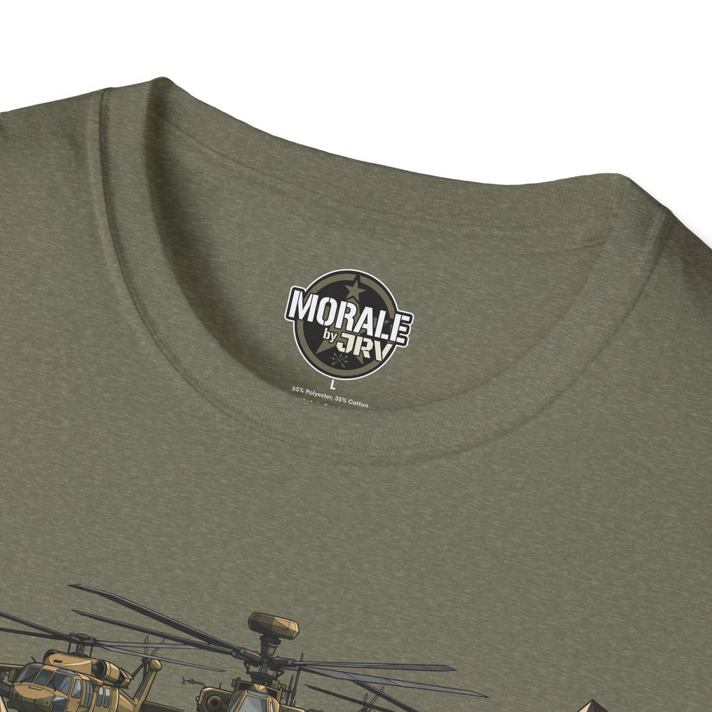 T-shirt neckline close-up with “Morale by Driv” logo, olive fabric, helicopter artwork