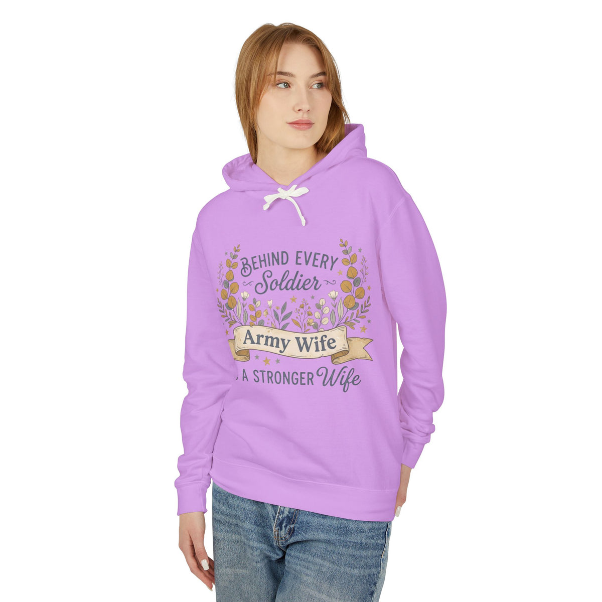 Purple pullover hoodie with hood, white drawstrings, and front floral Soldier graphic