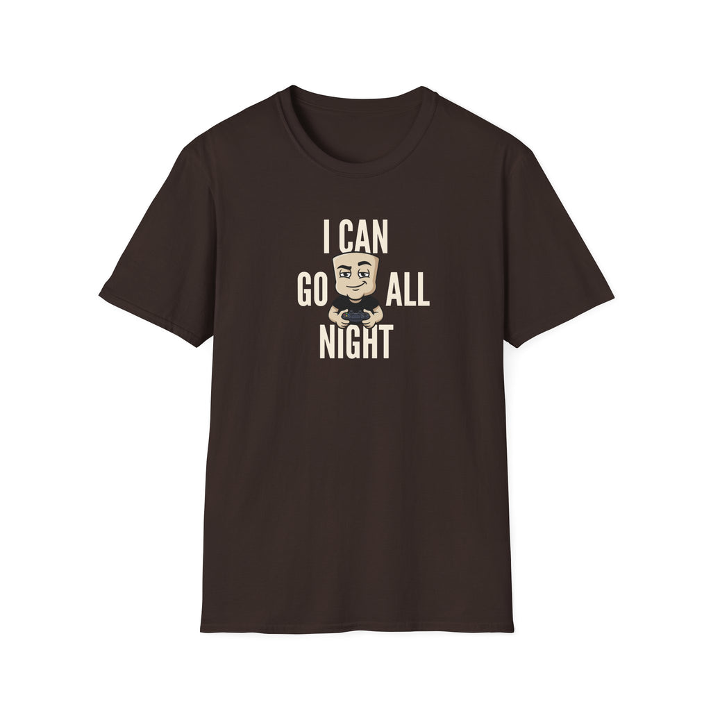 Dark brown graphic T-shirt with "I CAN GO ALL NIGHT" gamer controller print.
