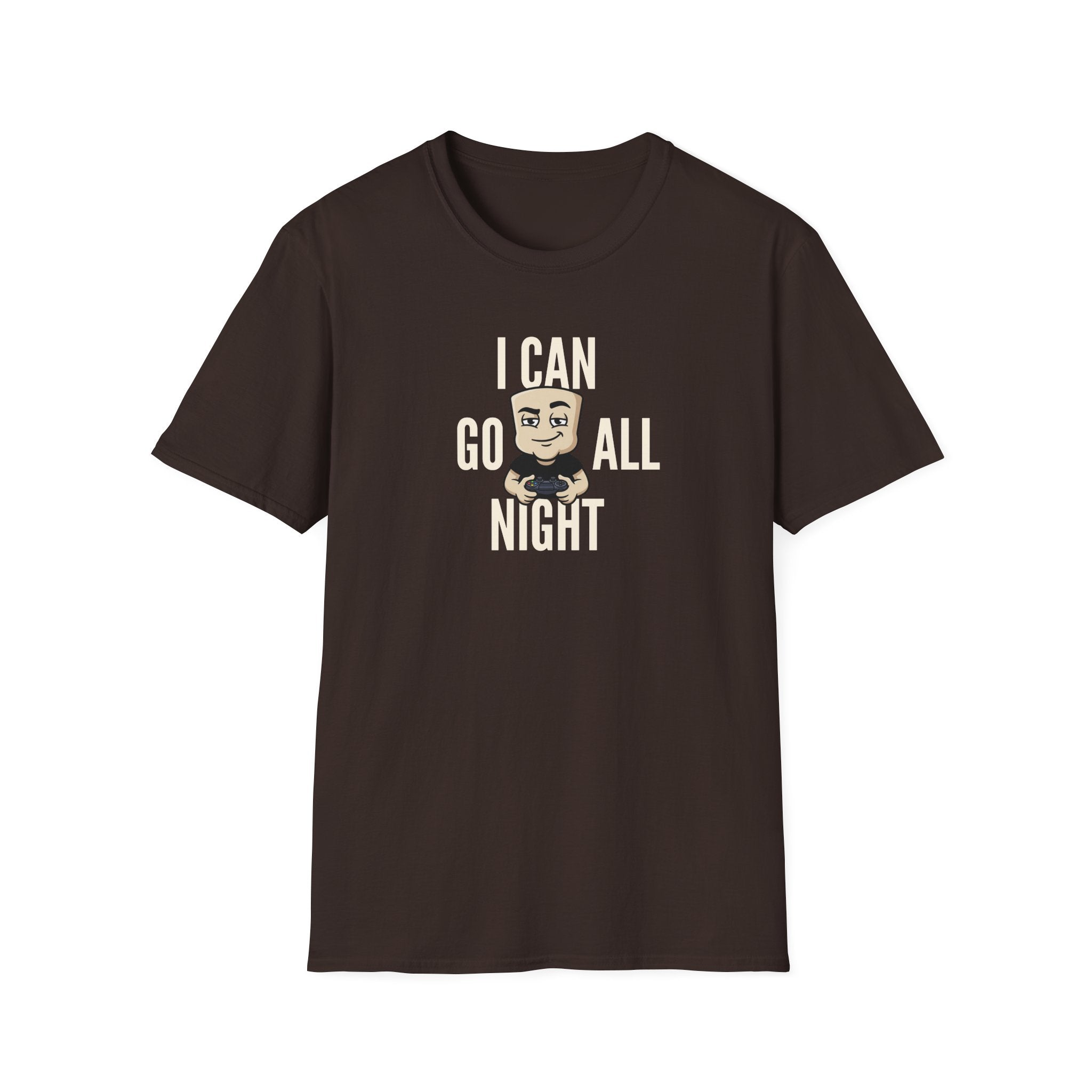 Dark brown graphic T-shirt with "I CAN GO ALL NIGHT" gamer controller print.