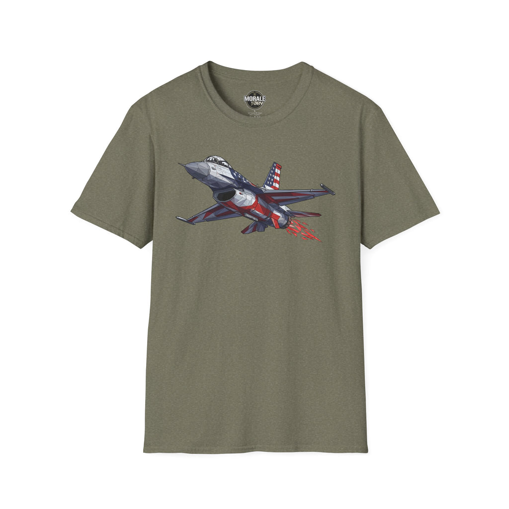 F-16 T-Shirt, heather military green, front print of jet with American flag and red trail
