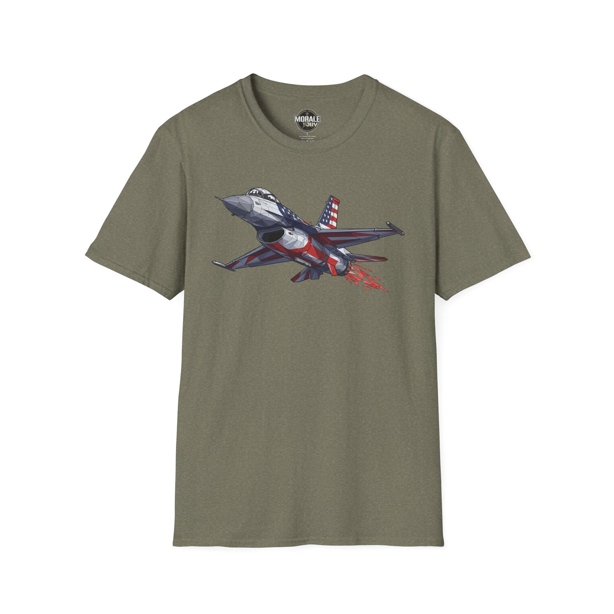 F-16 T-Shirt, heather military green, front print of jet with American flag and red trail