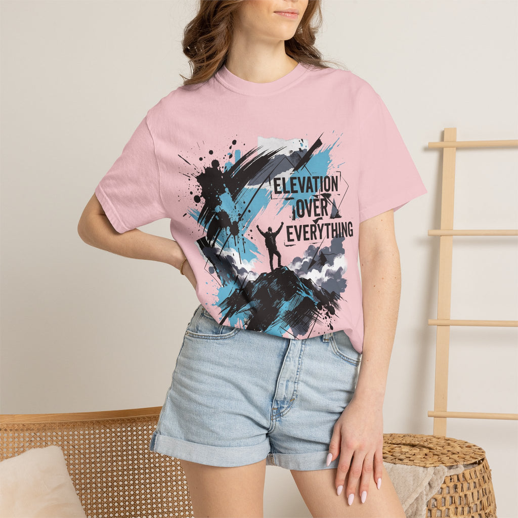 Lavender crewneck t-shirt on model with front Elevation over everything graphic print