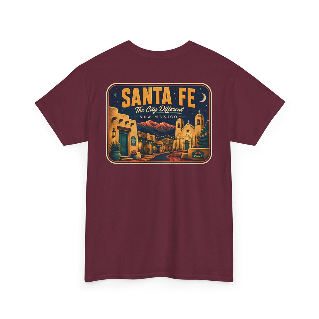 Maroon T-shirt with Santa Fe vintage luggage tag graphic on chest