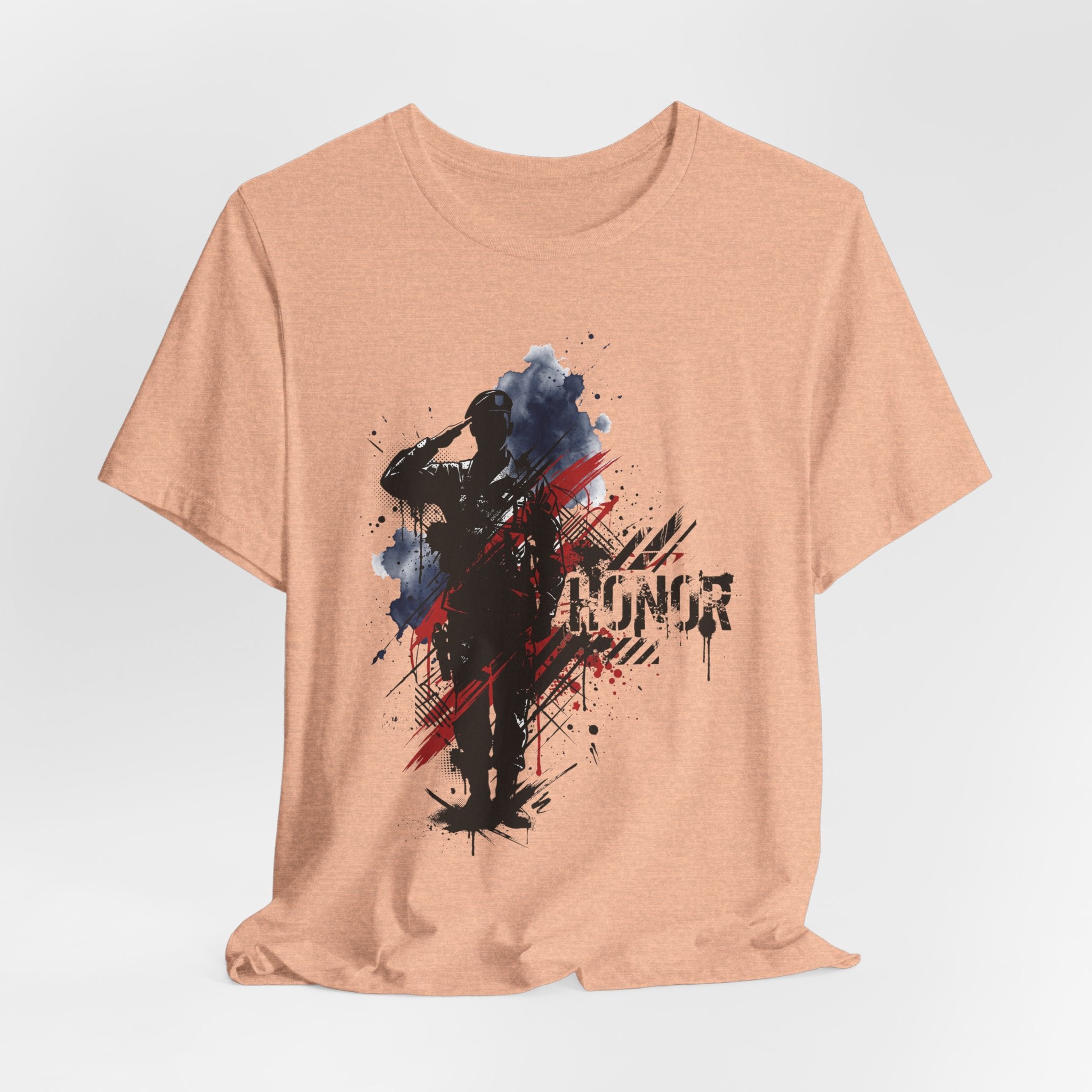 Peach T-shirt with soldier graphic and distressed text on front