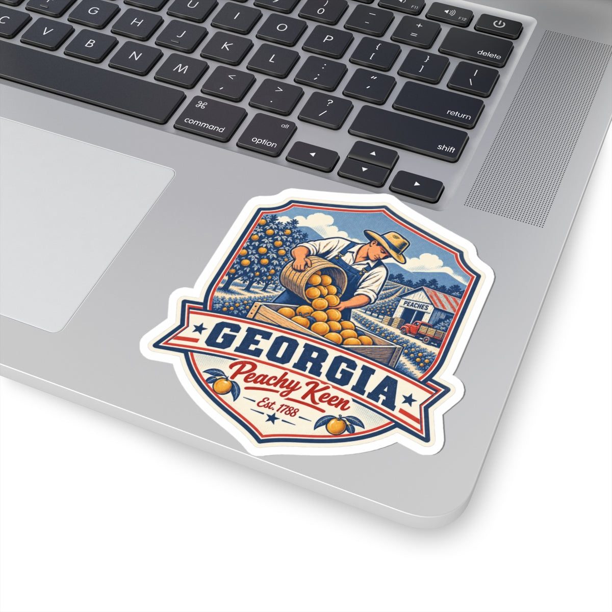 Georgia Peaches vintage sticker on laptop lid, Est. 1788 ribbon and peaches