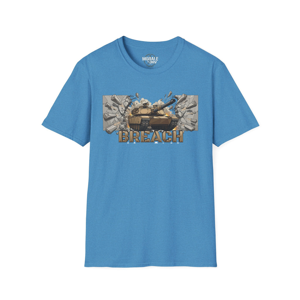 Heather sapphire blue T-shirt with BREACH tactical tank burst graphic