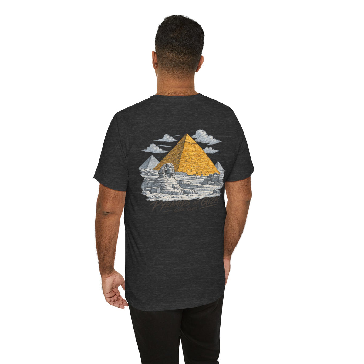 Black crewneck graphic t-shirt with Pyramids of Giza and Sphinx print on back