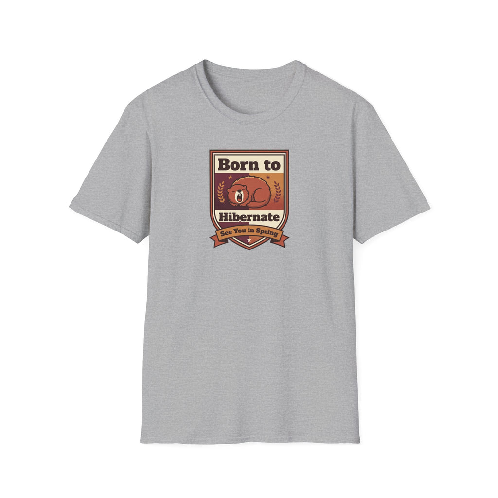 Light gray crewneck T-shirt with Born to Hibernate bear badge graphic