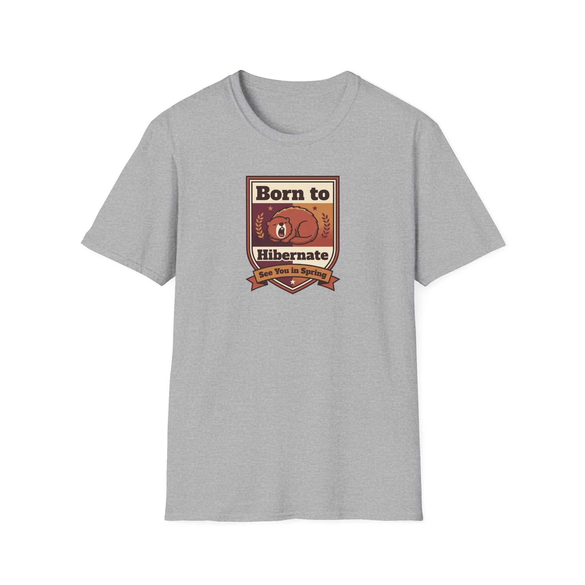 Light gray crewneck T-shirt with Born to Hibernate bear badge graphic