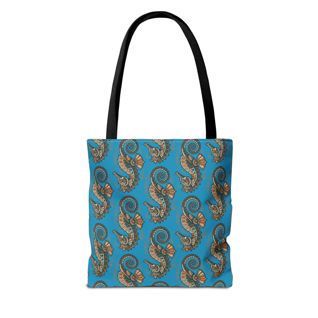 Ocean blue tote bag with steampunk seahorse pattern and black handles, front view