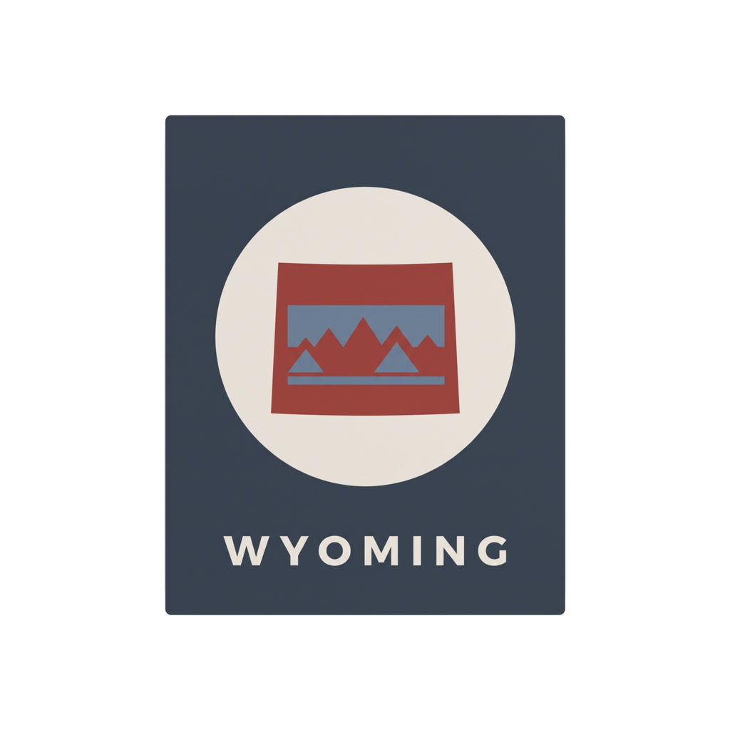 Wyoming state metal art sign, dark blue square with centered oval mountain badge and “WYOMING”.