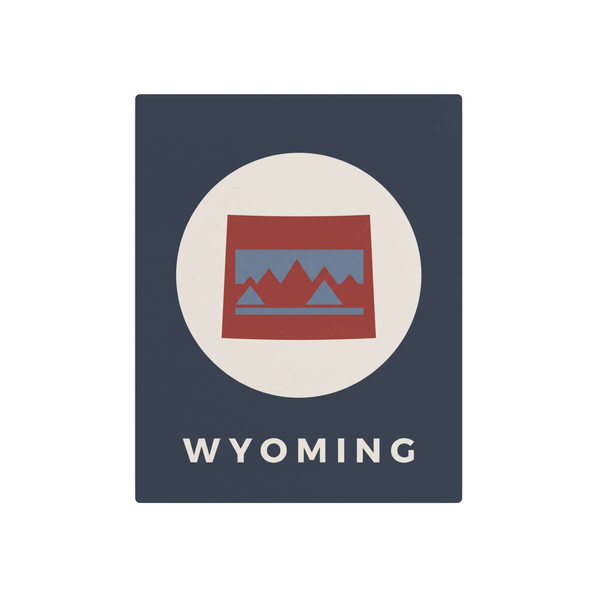 Wyoming state metal art sign, dark blue square with centered oval mountain badge and “WYOMING”.