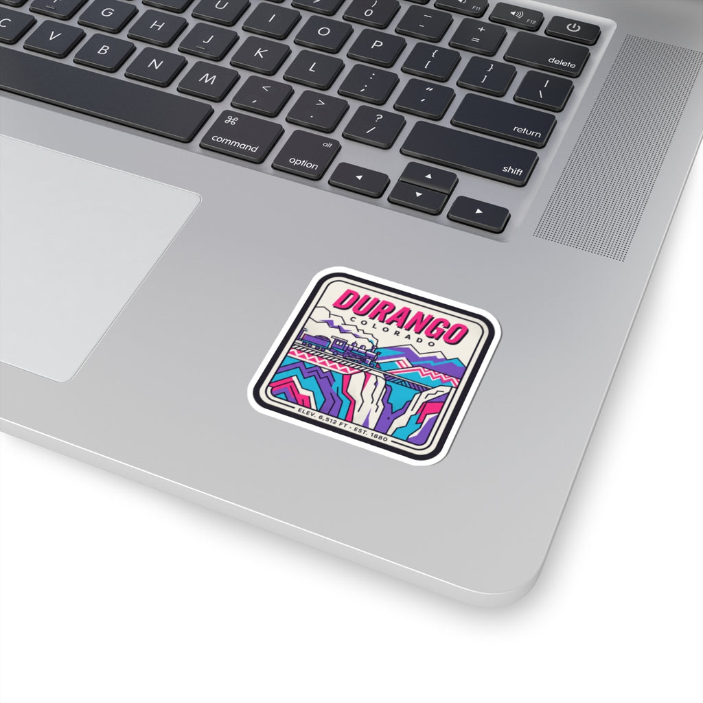 Durango train landscape sticker, square kiss-cut vinyl with colorful graphic and white border
