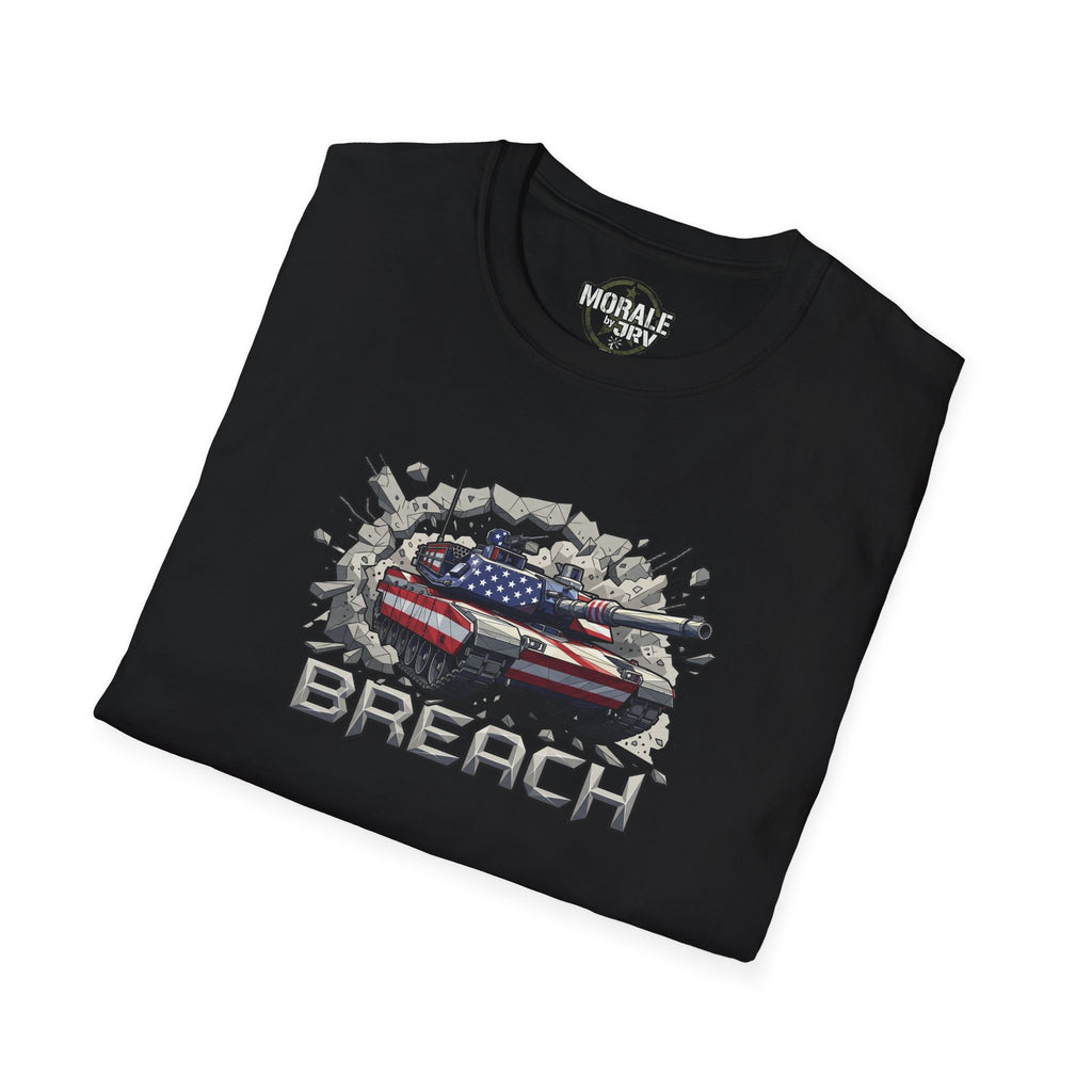 Black tank breach T-shirt with American flag graphic and "BREACH" text