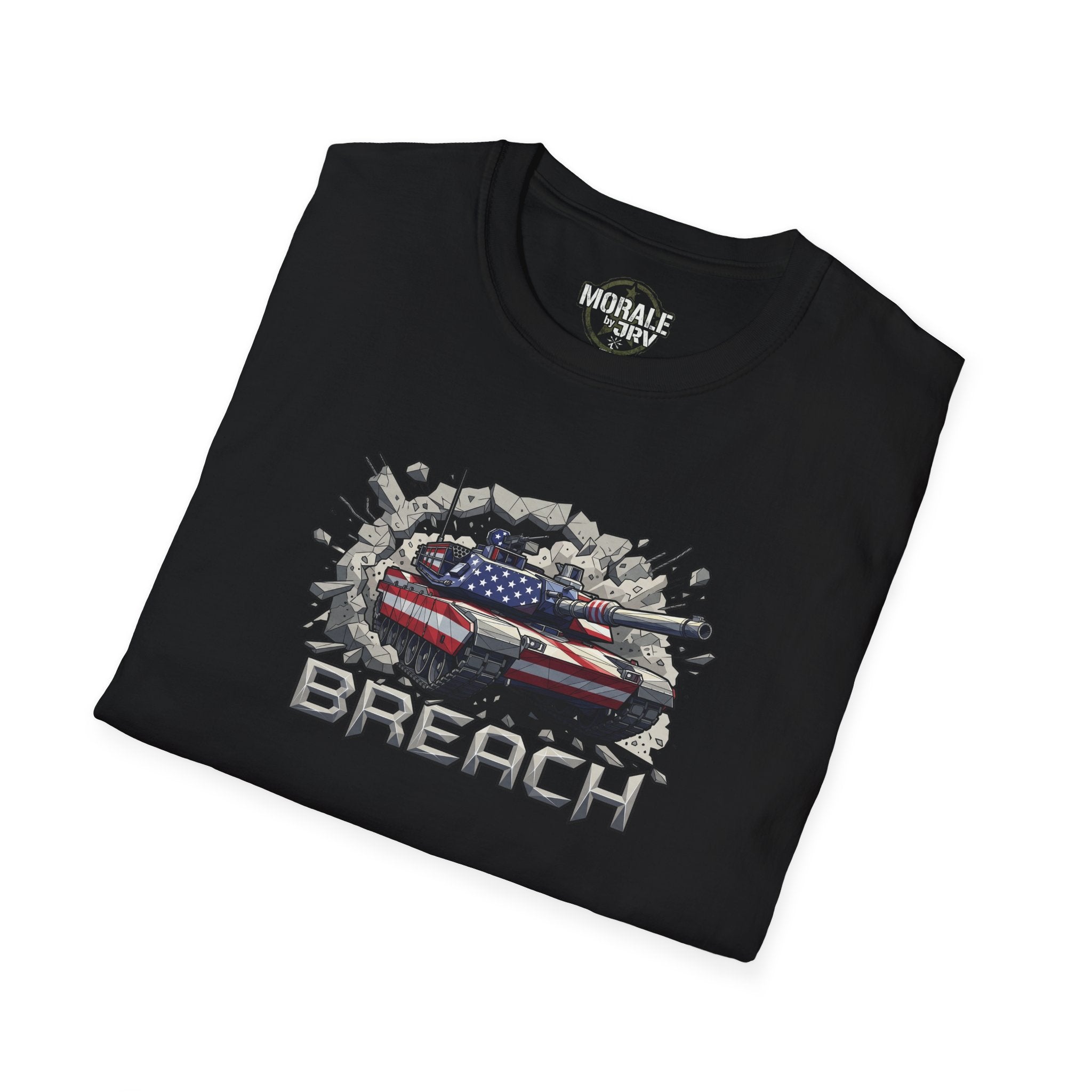 Black tank breach T-shirt with American flag graphic and "BREACH" text