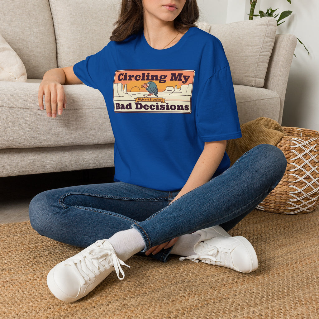 Royal blue crewneck t-shirt with retro desert “Circling My Bad Decisions” graphic