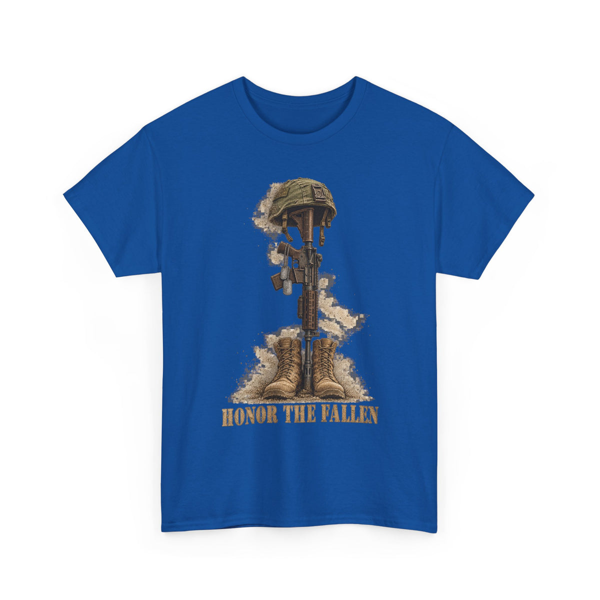 Royal blue crew-neck T-shirt with fallen soldier helmet, rifle, boots graphic and “HONOR THE FALLEN”