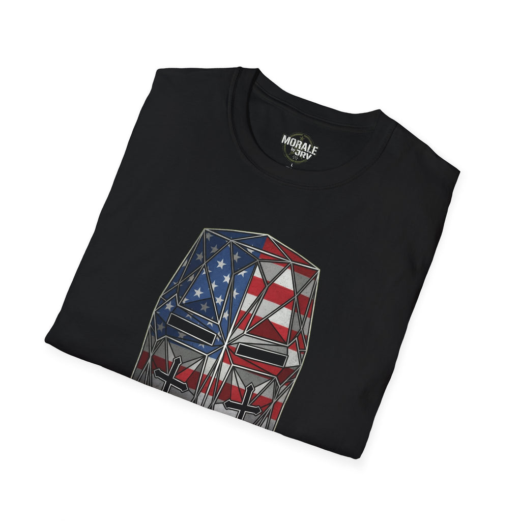 Black T-shirt with American flag cube knight graphic on front