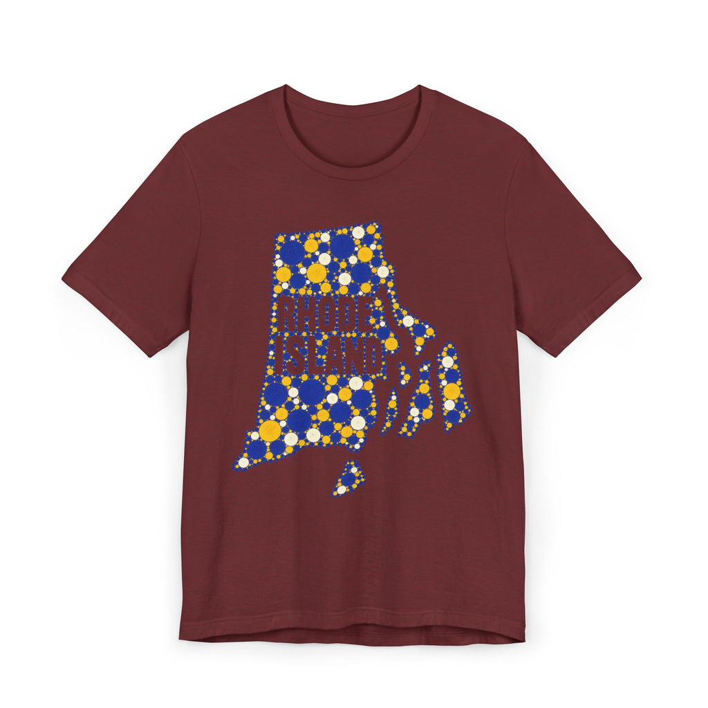 Maroon t-shirt with blue and yellow polka-dot Rhode Island outline graphic