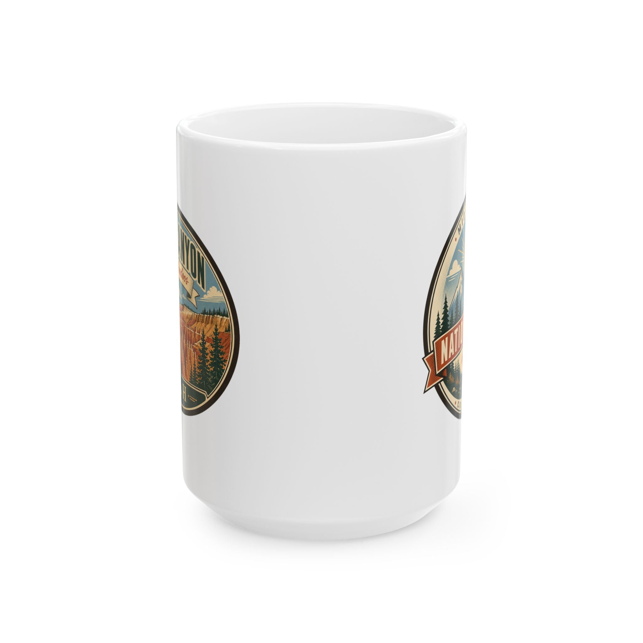 White ceramic mug back view with partial Bryce Canyon Utah logo