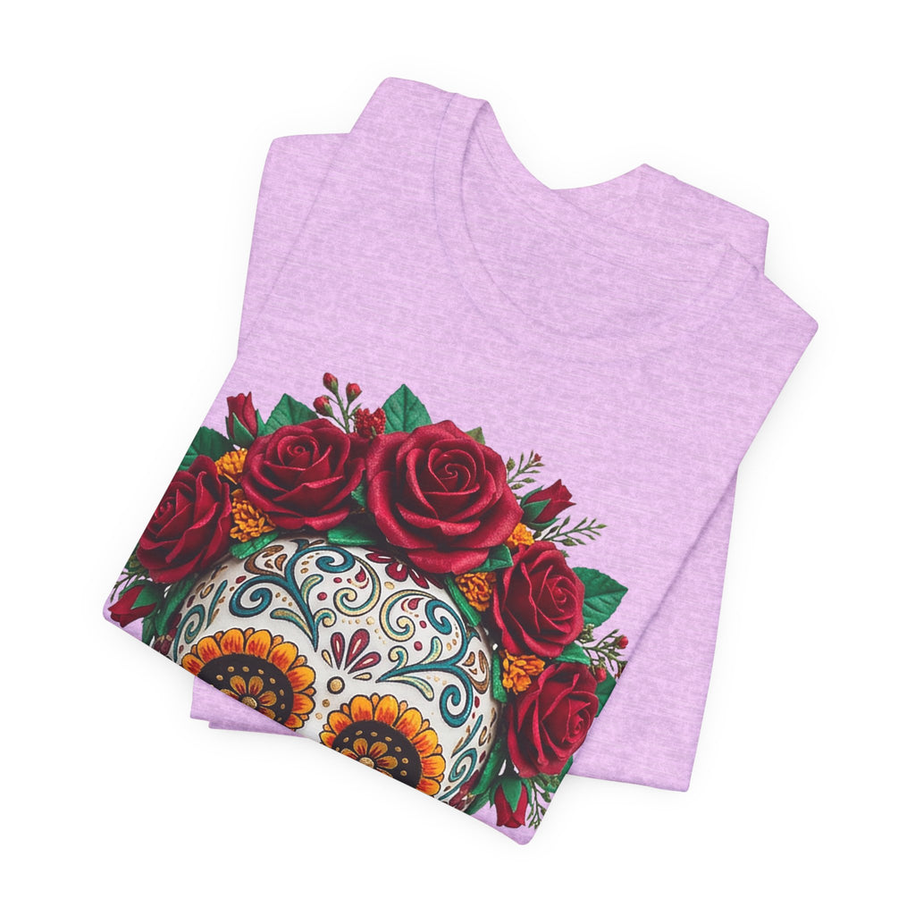 Sugar skull with red rose crown print on mauve T-shirt