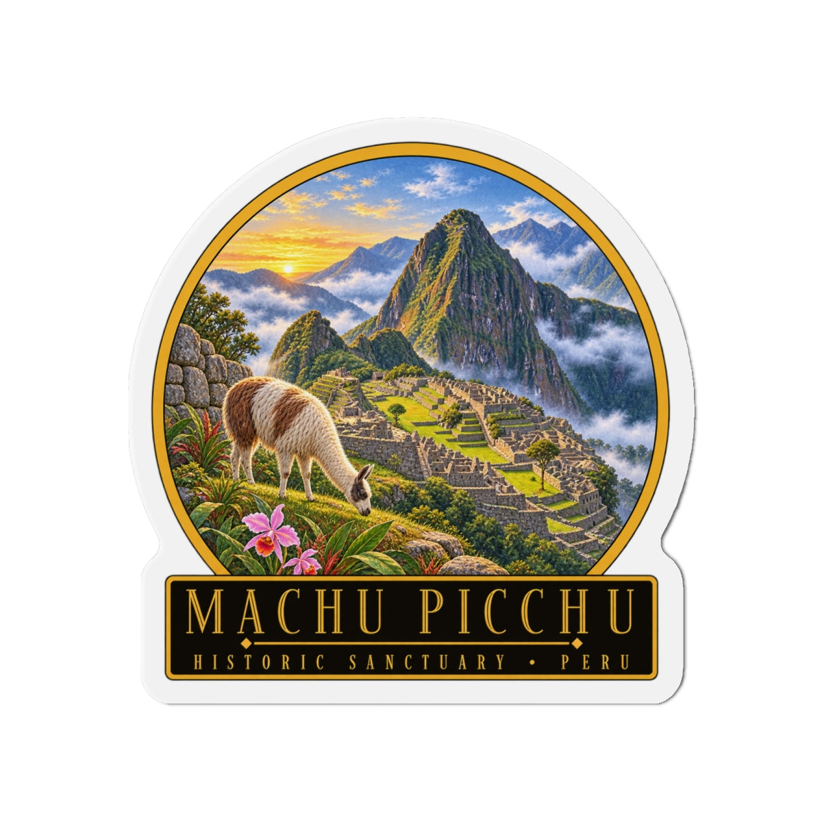 Die-cut vinyl fridge magnet with Machu Picchu ruins, mountains, and “Historic Sanctuary” text.