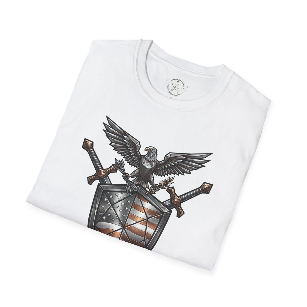 Weiße T‑Shirt schräg: Adler‑Shield mit Schwertern, große Frontgrafik