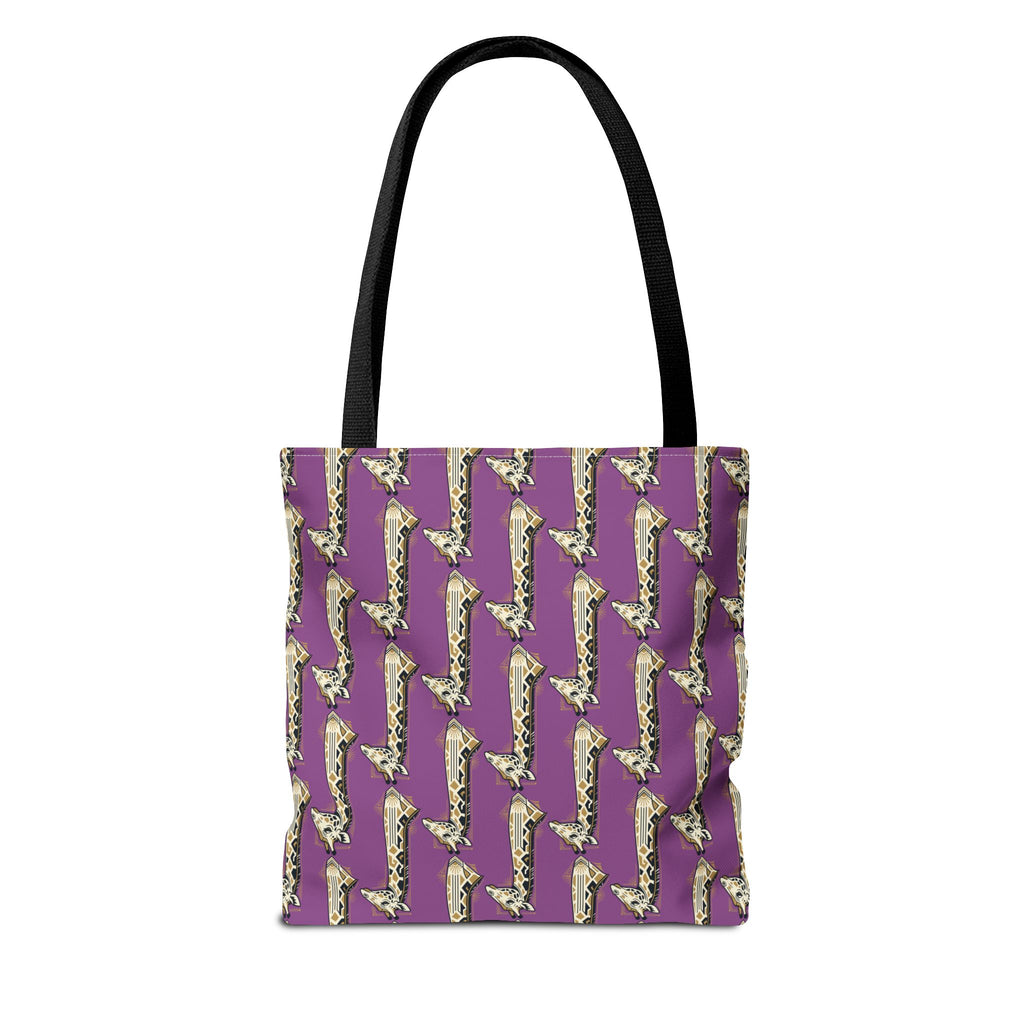 Purple tote bag with repeating saxophone pattern, black top handles