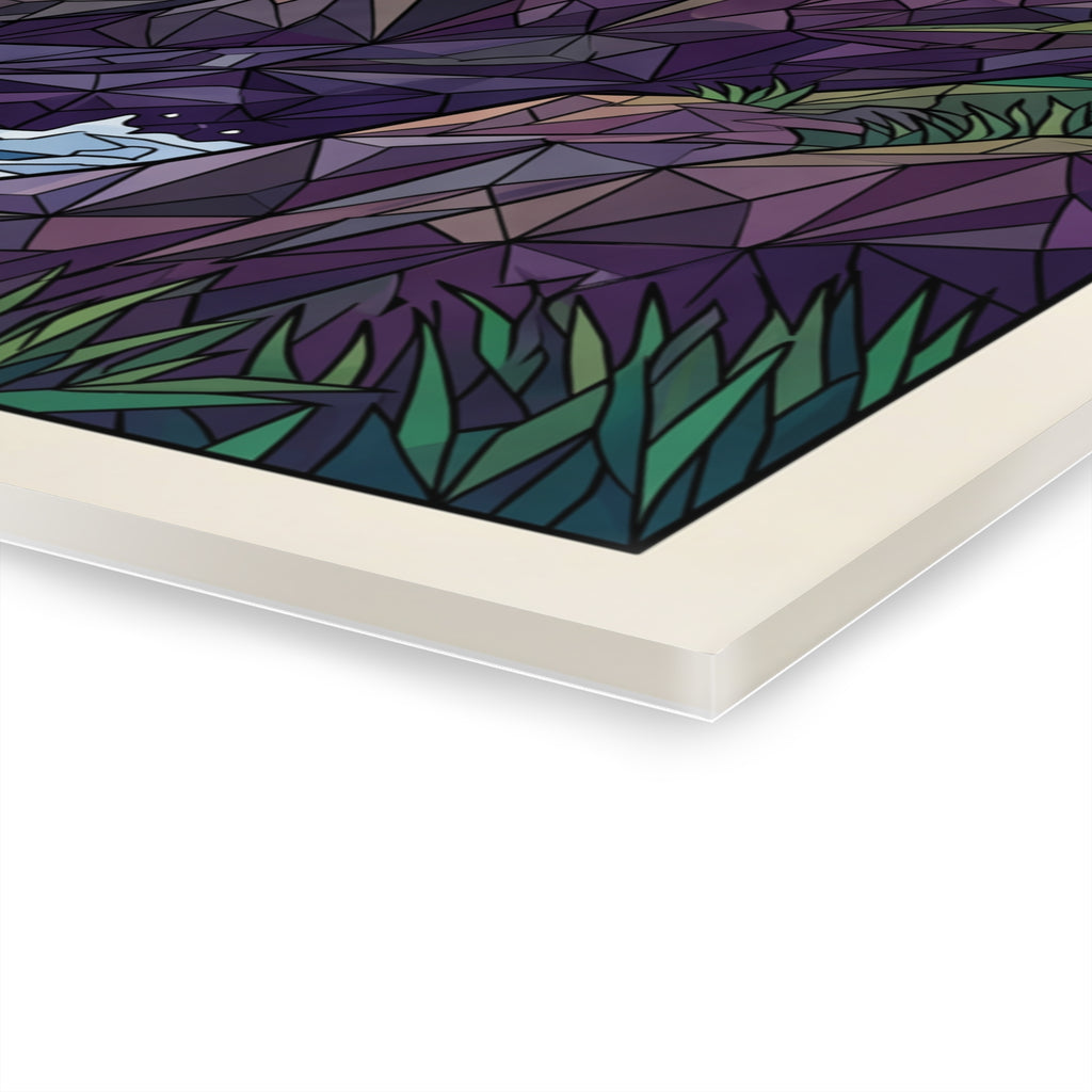 Close-up of framed acrylic print edge with geometric wave and coastal artwork