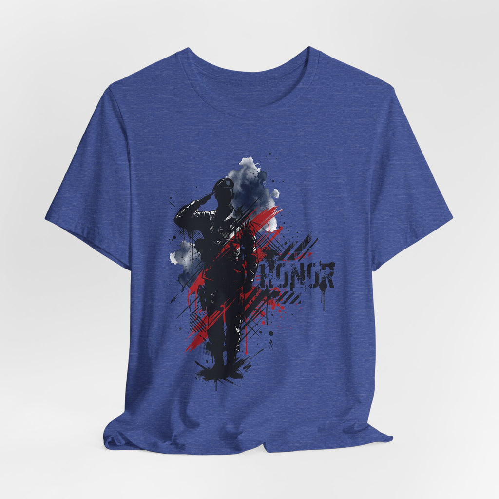 Blue heather T-shirt, front view, soldier silhouette graphic with red and blue splatter