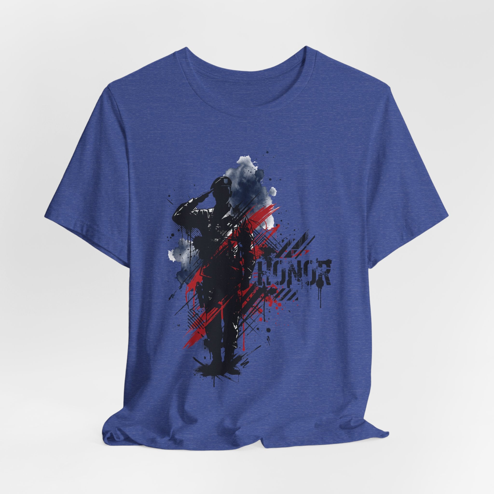 Blue heather T-shirt, front view, soldier silhouette graphic with red and blue splatter