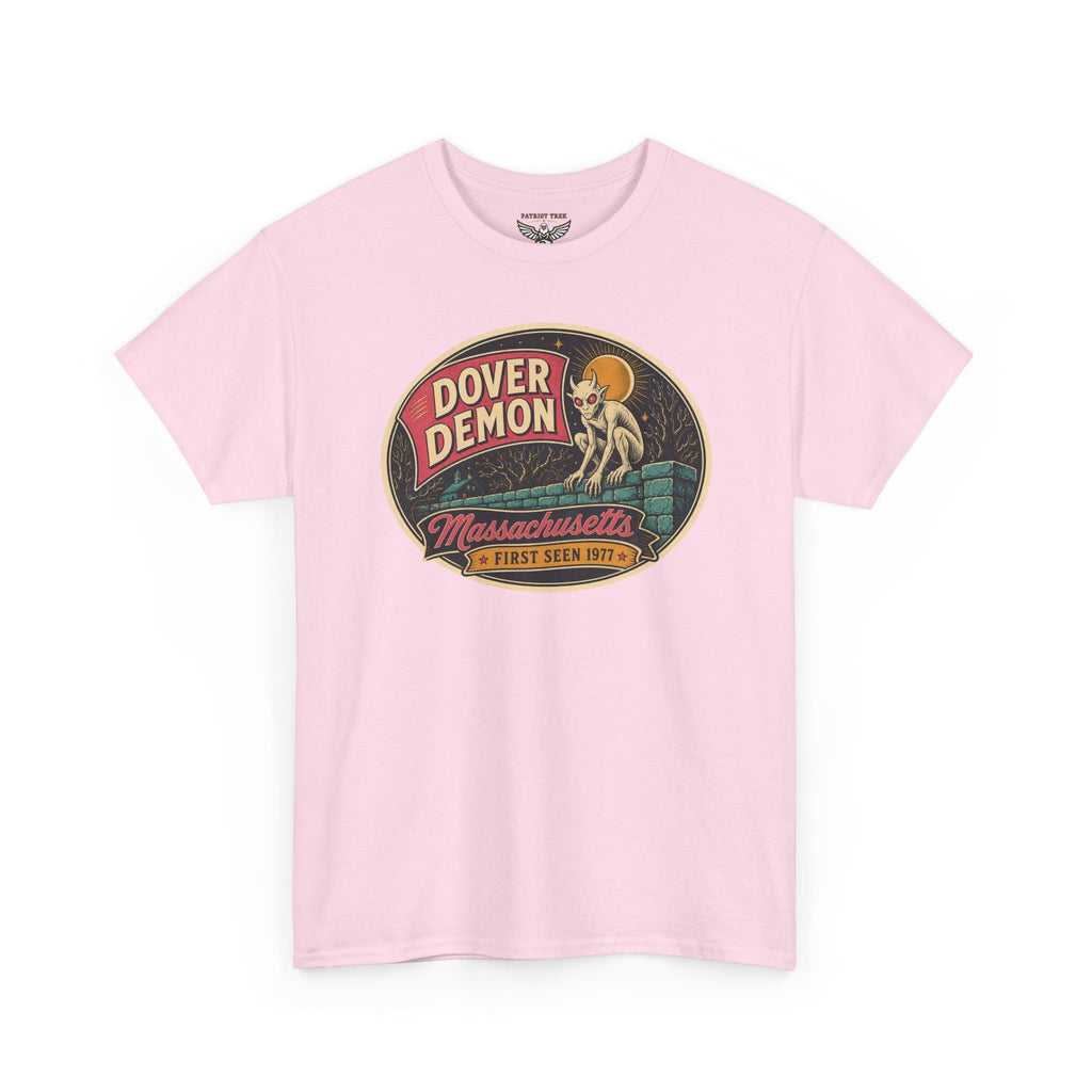 Light pink T-shirt with Dover Demon Massachusetts round graphic logo
