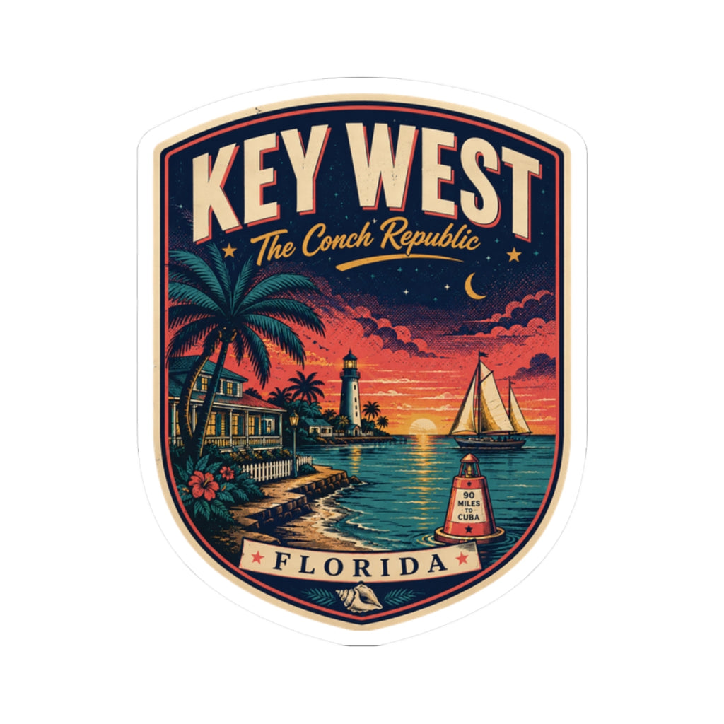 Key West luggage tag sticker shield with palm-lined shore, lighthouse, and 'KEY WEST' at top