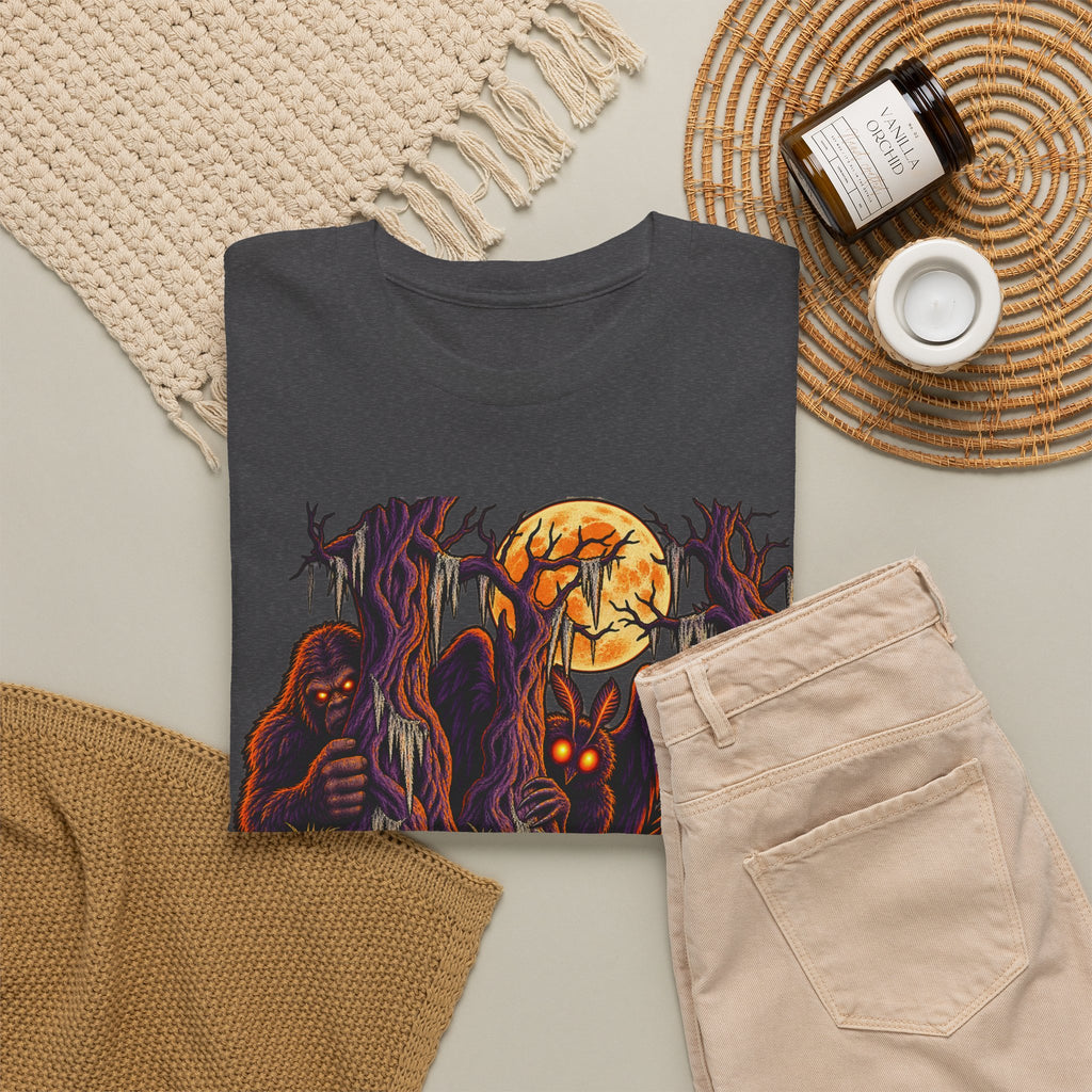 Dark heather crewneck t-shirt with monster and orange moon graphic on front