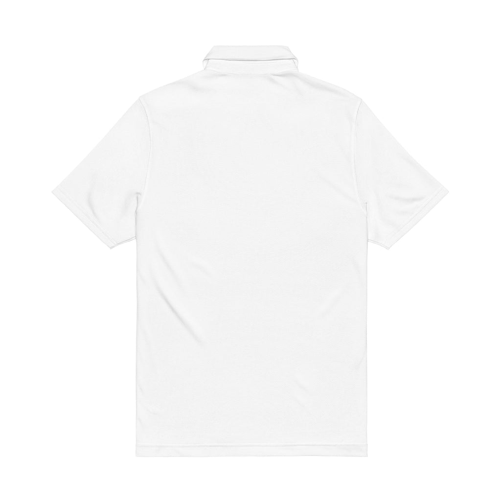 White men’s performance polo shirt, back view with short sleeves and collar