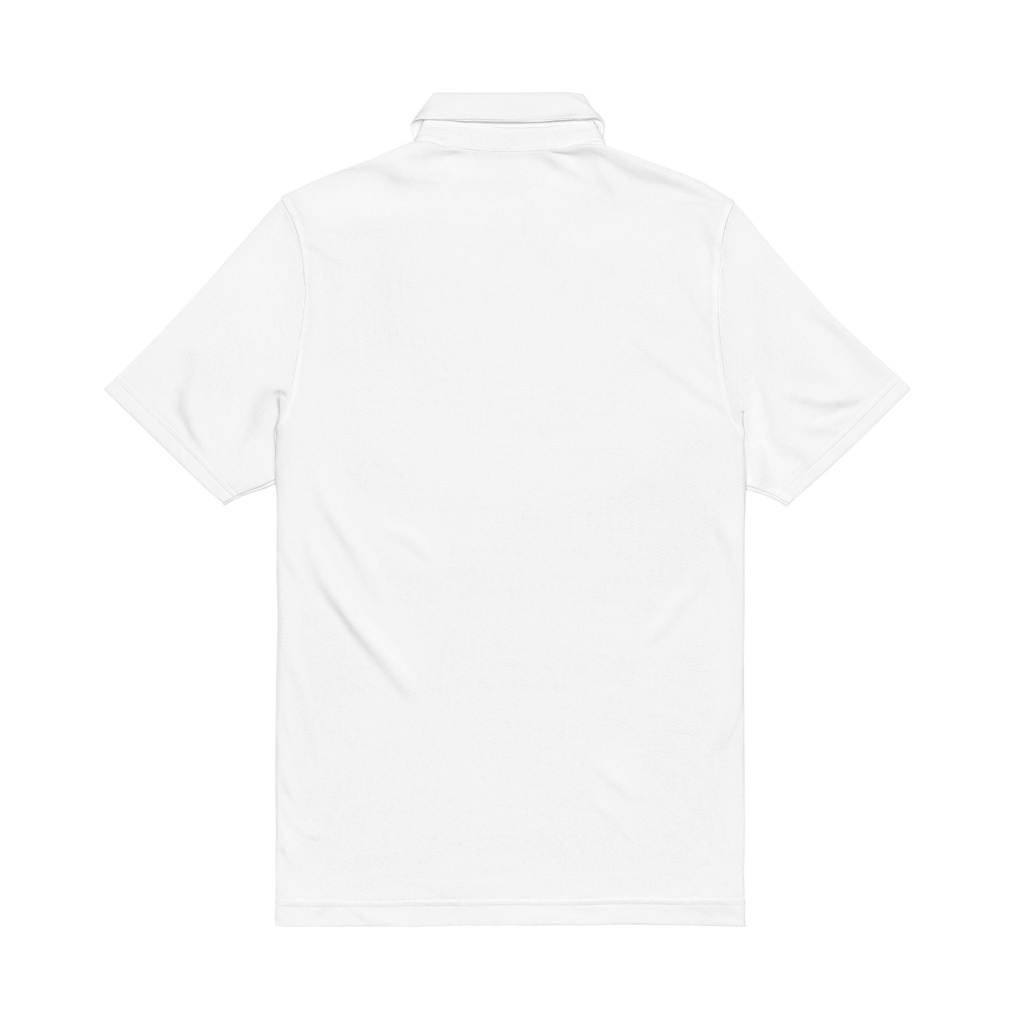 White men’s performance polo shirt, back view with short sleeves and collar