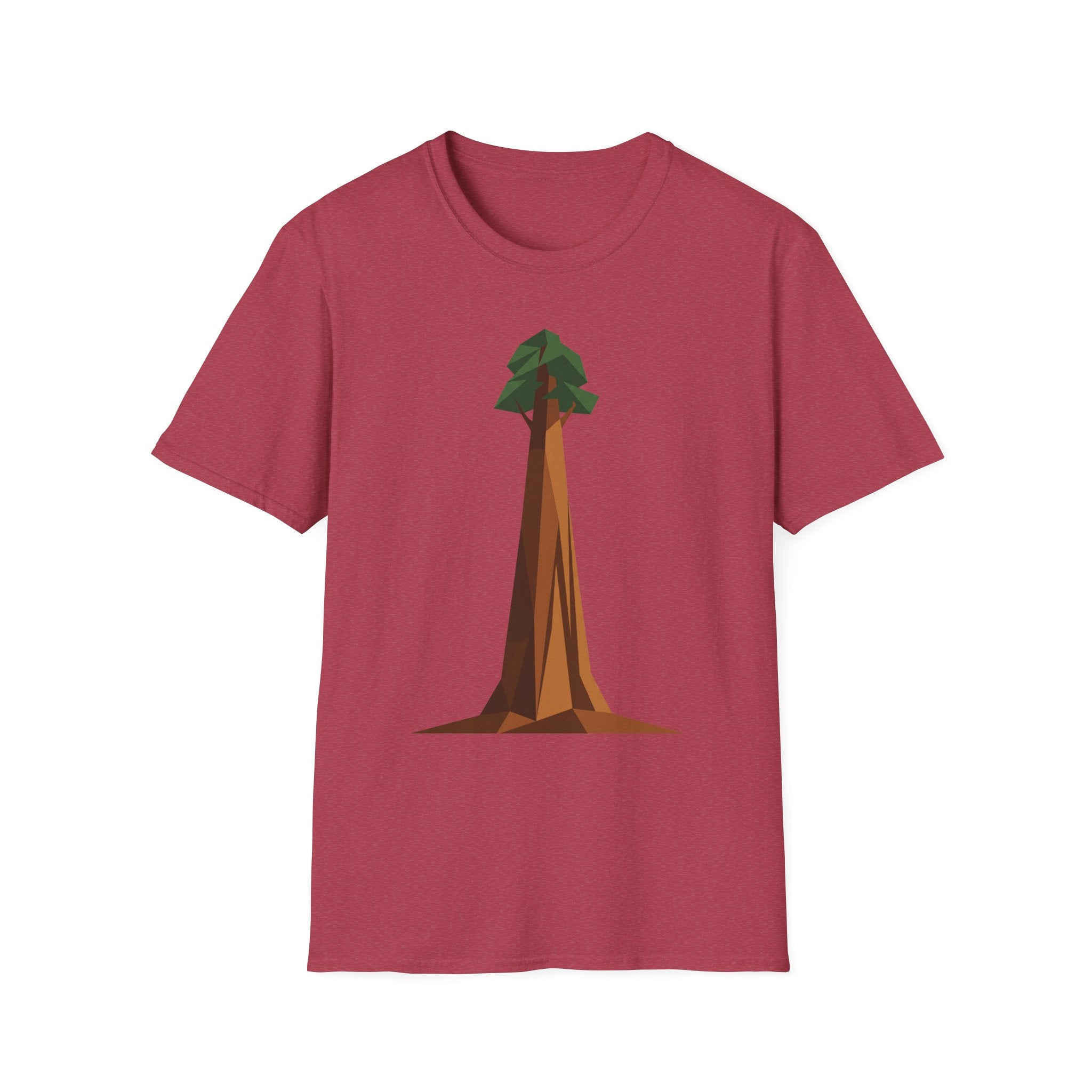 Maroon crew-neck T-shirt with geometric low-poly redwood tree graphic on front