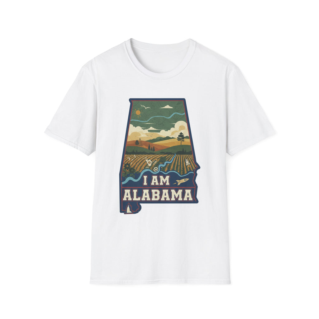 I Am Alabama T-shirt, white crew tee with “I AM ALABAMA” landscape state graphic