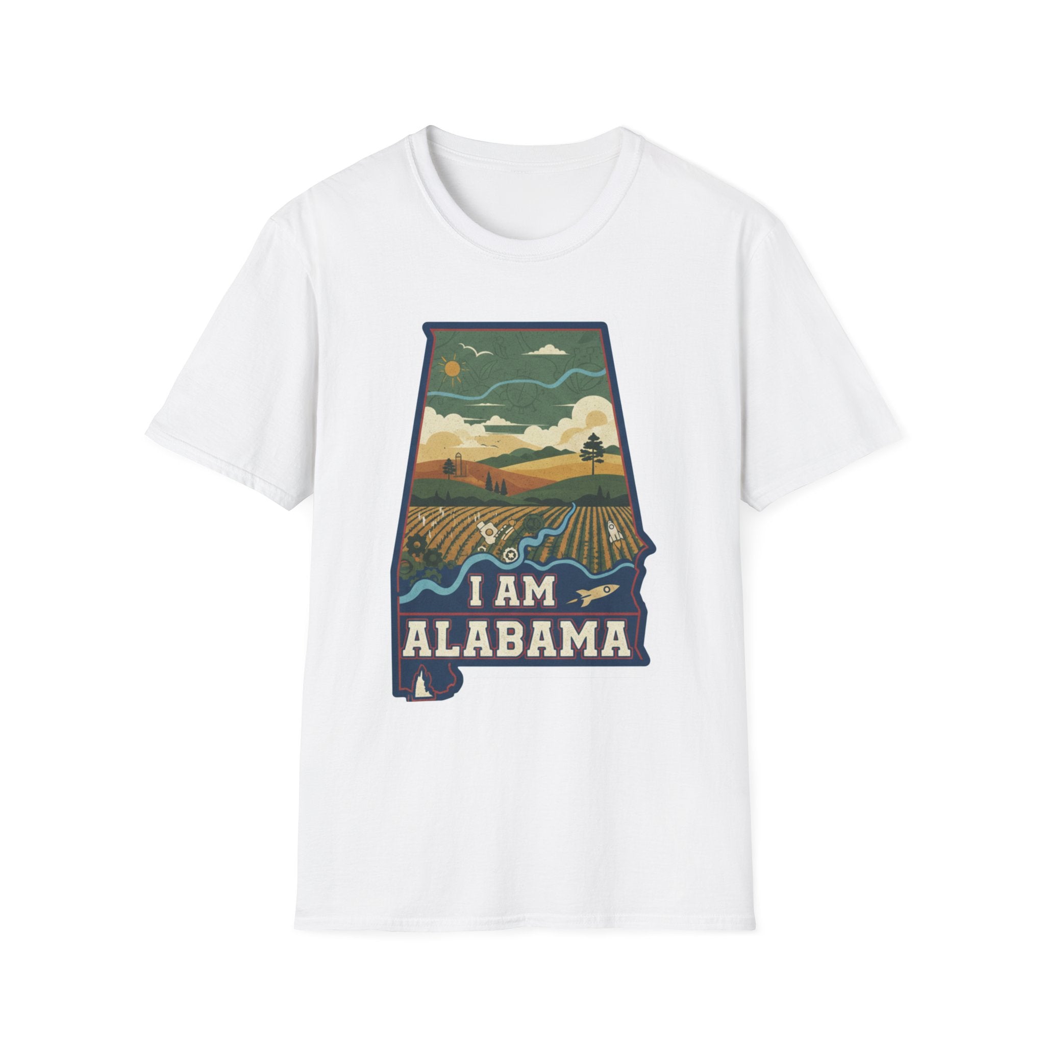 I Am Alabama T-shirt, white crew tee with “I AM ALABAMA” landscape state graphic