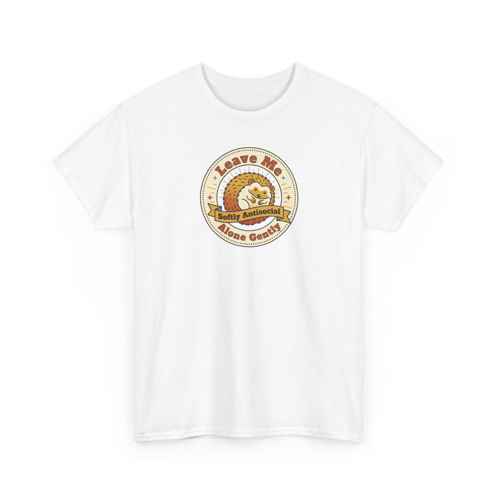 White short-sleeve T-shirt with circular hedgehog graphic on chest