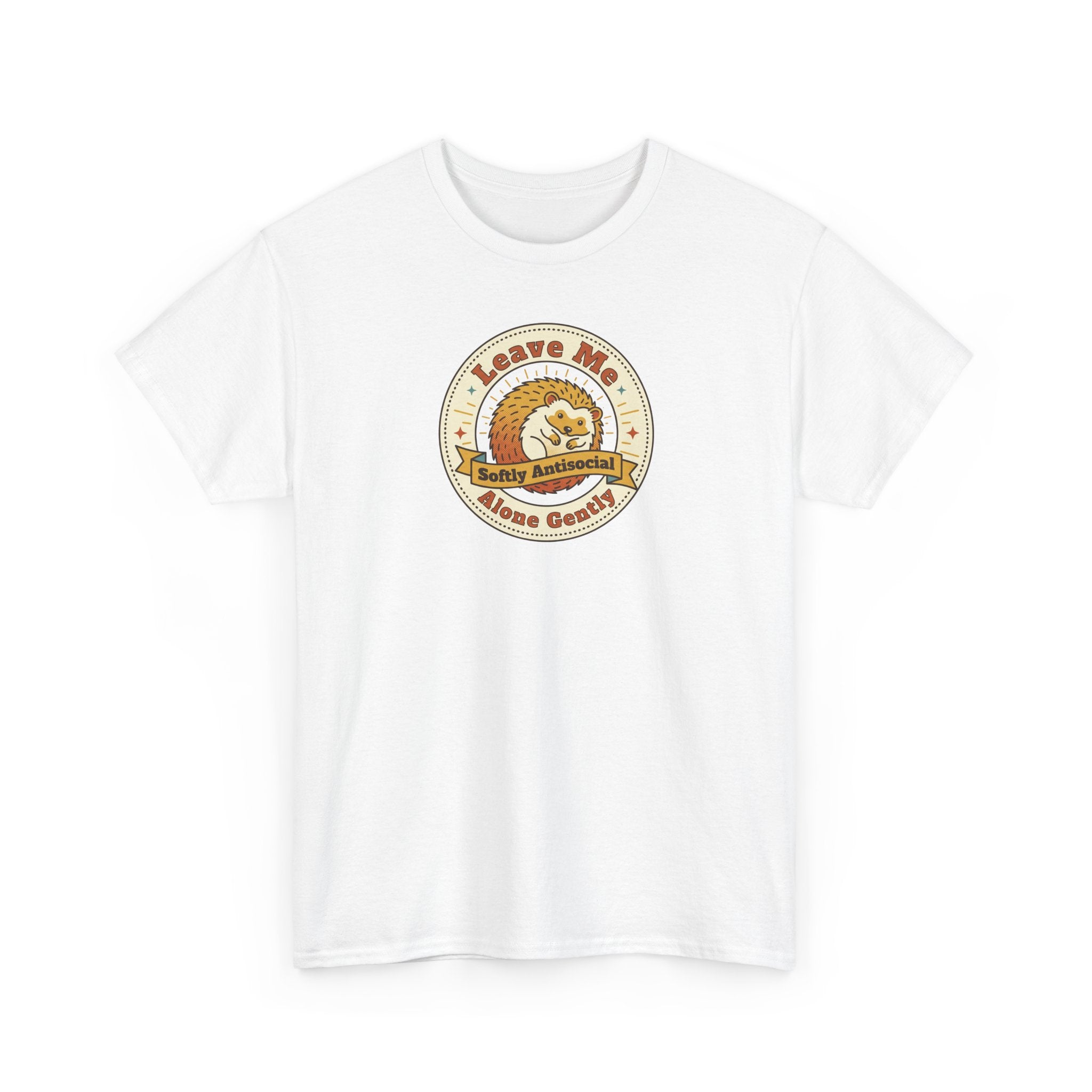 White short-sleeve T-shirt with circular hedgehog graphic on chest