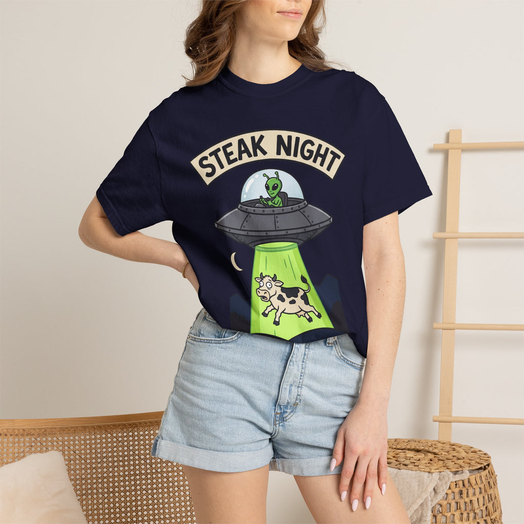 Navy short-sleeve T-shirt with 'STEAK NIGHT' UFO and cow-in-green graphic