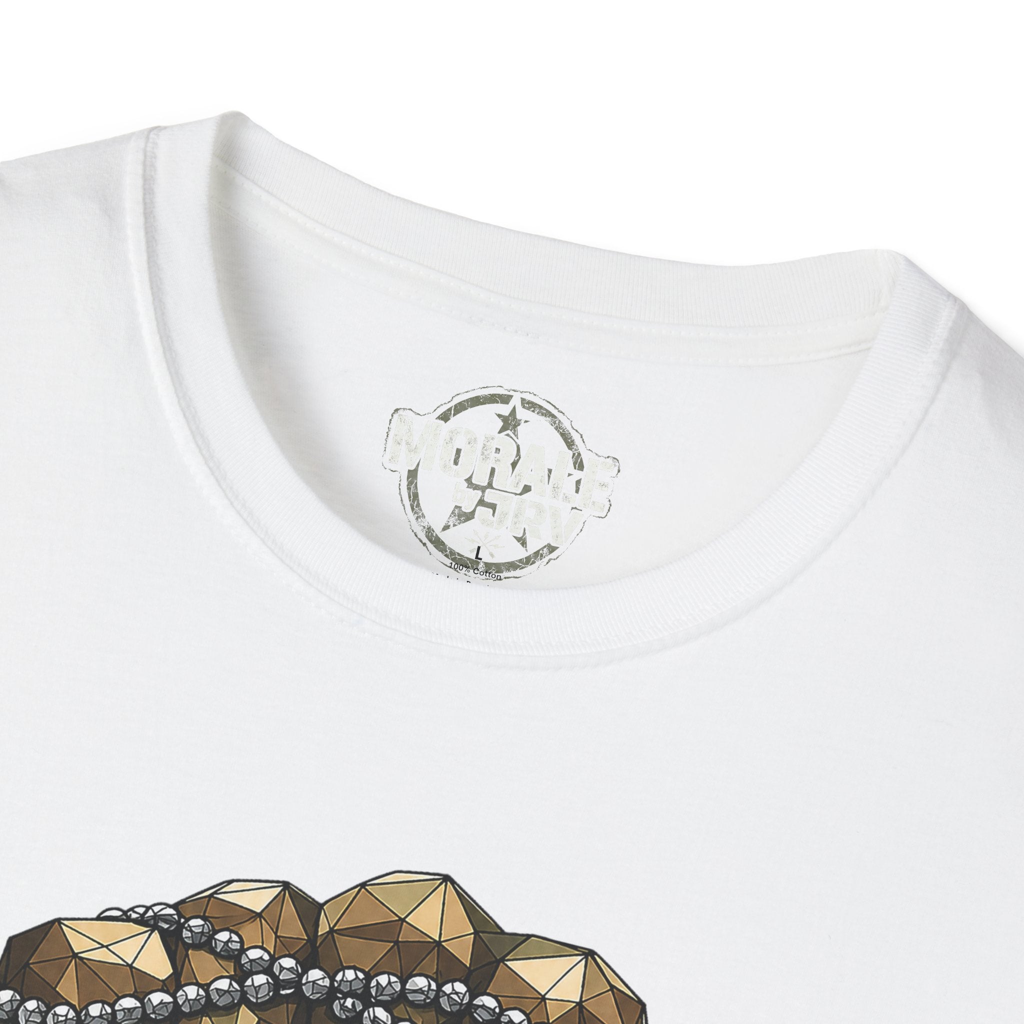 White T-shirt neckline close-up with small neck patch and top of polygon fist graphic.