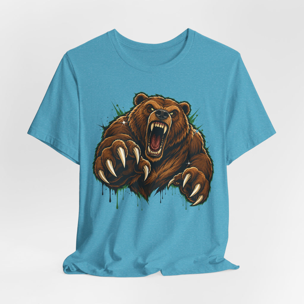 Light blue unisex crew-neck T-shirt with roaring grizzly bear chest graphic.