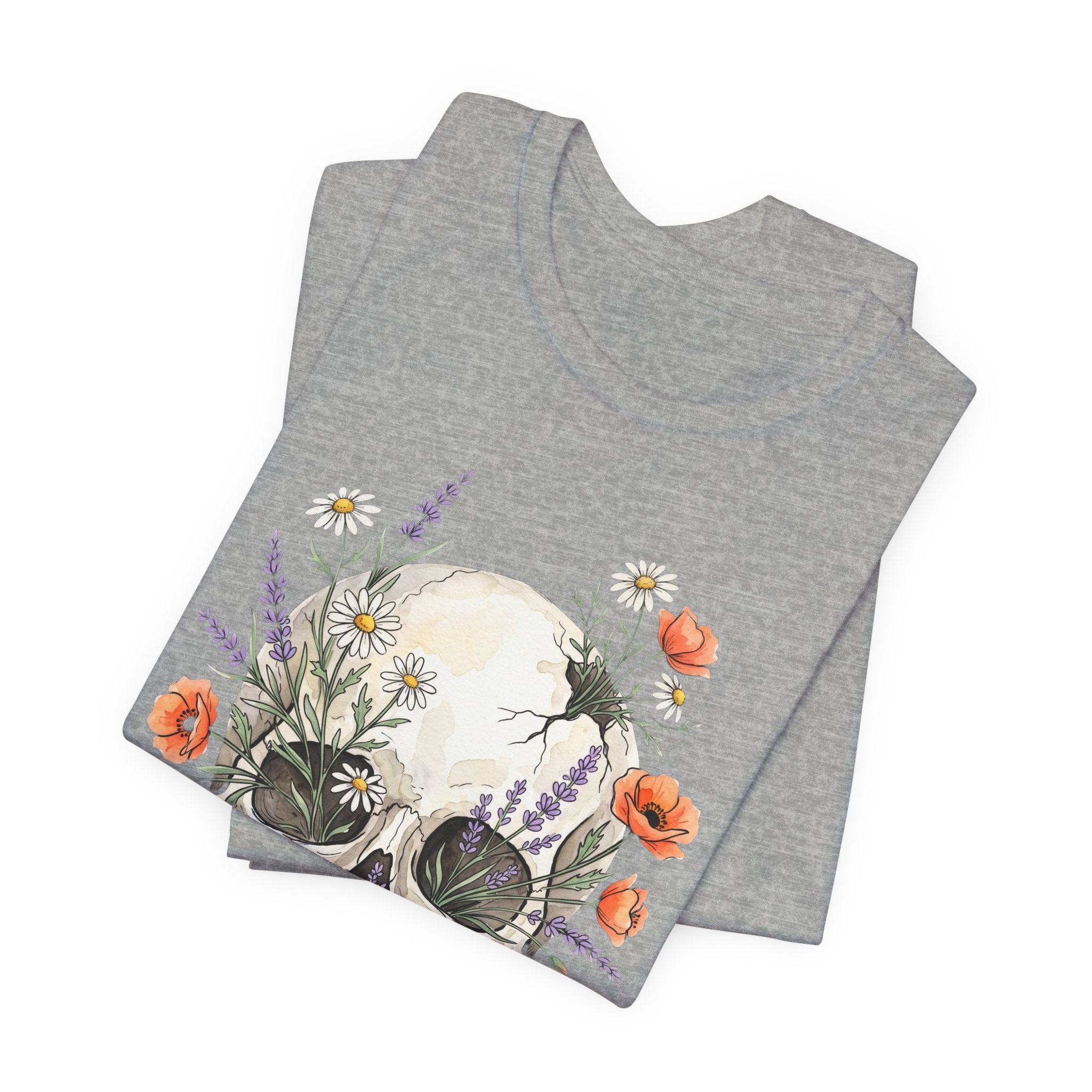 Dark grey heather floral skull T-shirt with poppies and wildflowers graphic near hem