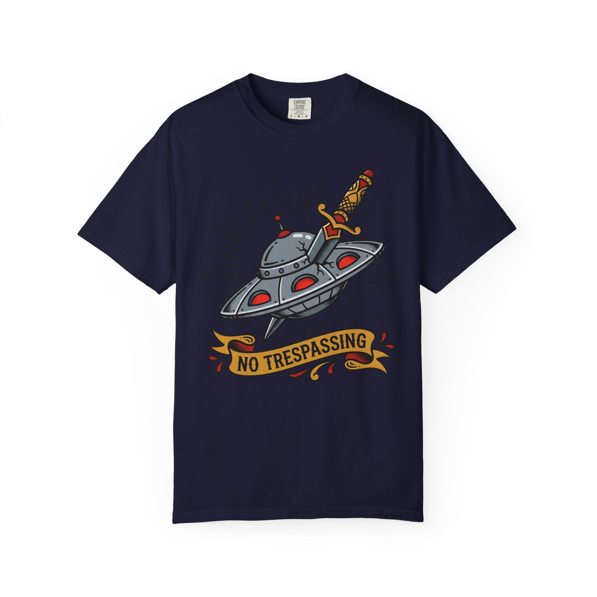 Navy tee with UFO dagger graphic and 'No Trespassing'