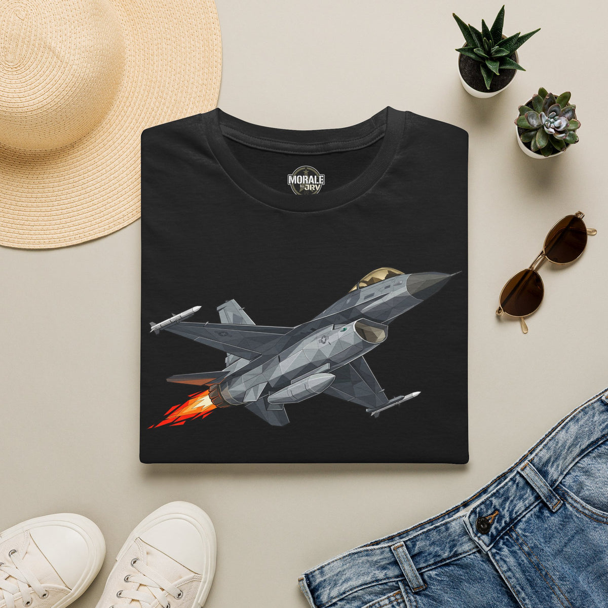 Black crewneck T-shirt with F-16 fighter jet graphic and red flame detail
