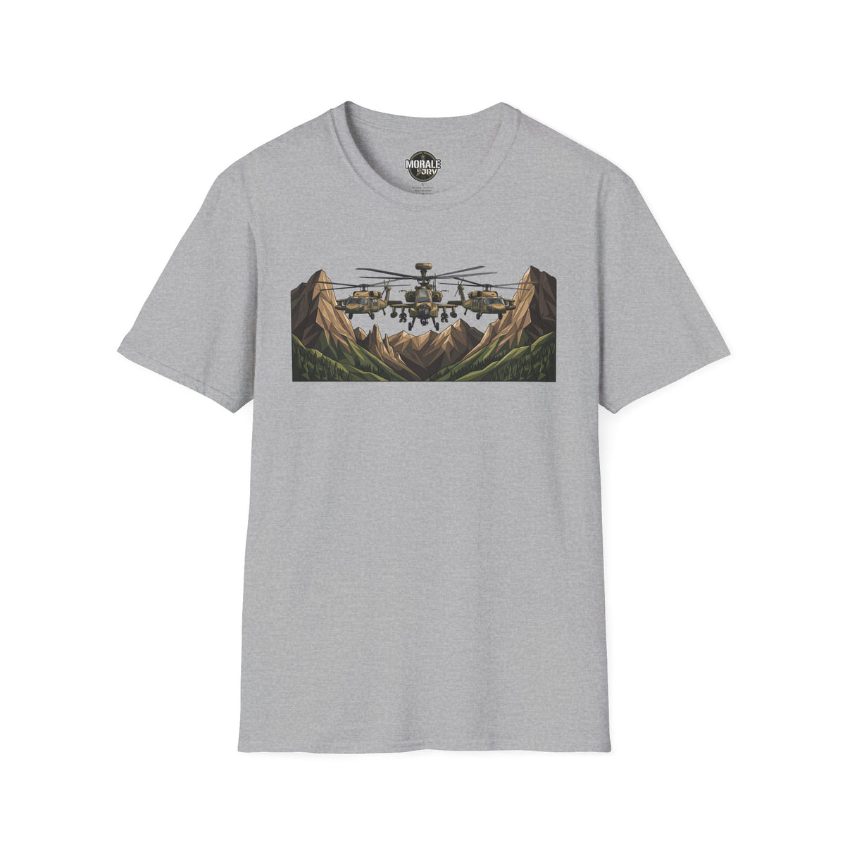 Light gray crew-neck T-shirt with helicopter landscape print at center chest.